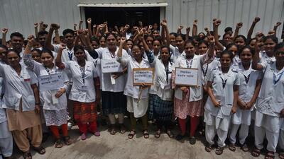Thane, India - July -17, 2025:Maharashtra State Nurses Association is holding a strike across Maharashtra to demand their demands. Their main demands are to stop the recruitment of contract basses nurses. Increase the salary of trainee nurses., Recruit new posts., For these and other demands, nurses in Maharashtra are on an indefinite strike Nurses teachers and trainee nurses are seen protesting outside Thane Civil Hospital Nursing College. ,in Thane,in Mumbai, India, on, Thursday, July -17, 2025. ( Praful Gangurde / HT Photo ) (praful Gangurde) Thane, India - July -17, 2025:Maharashtra State Nurses Association is holding a strike across Maharashtra to demand their demands. Their main demands are to stop the recruitment of contract basses nurses. Increase the salary of trainee nurses., Recruit new posts., For these and other demands, nurses in Maharashtra are on an indefinite strike Nurses teachers and trainee nurses are seen protesting outside Thane Civil Hospital Nursing College. ,in Thane,in Mumbai, India, on, Thursday, July -17, 2025. ( Praful Gangurde / HT Photo ) (praful Gangurde)