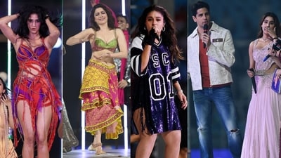 Disha Patani,  Tamannaah Bhatia, Sunidhi Chauhan, Sidharth Malhotra and Janhvi Kapoor at the opening ceremony of the UP T20 league (Photos: Deepak Gupta/HT)