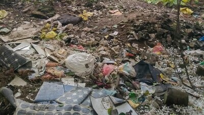 Water bodies covered with garbage and soil at Khala road in Udyog Vihar. (HT Photo) Water bodies covered with garbage and soil at Khala road in Udyog Vihar. (HT Photo)