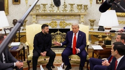 US President Donald Trump and Ukrainian President Volodymyr Zelenskiy meet at the Oval Office of the White House, amid negotiations to end the Russian war in Ukraine, in Washington, D.C., U.S., August 18, 2025. (Reuters)