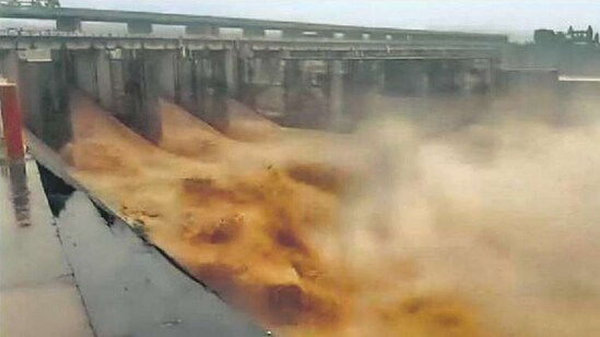 Water being released from the Hathnikund barrage in Yamunanagar on Sunday. (HT Photo)