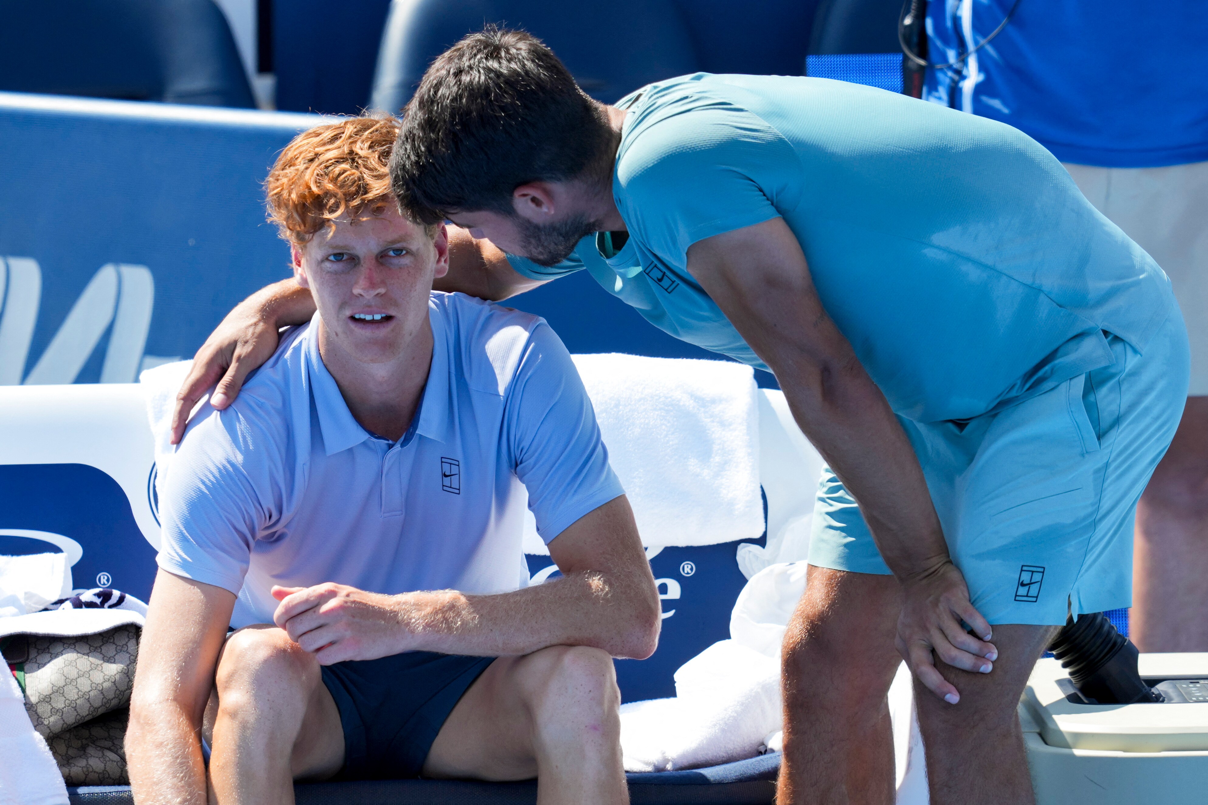 Carlos Alcaraz consoled Jannik Sinner after he retired from their match during the Cincinnati Open. (IMAGN IMAGES via Reuters Connect)