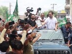 Leader of Opposition in Lok Sabha and Congress leader Rahul Gandhi with RJD leader Tejashwi Yadav during Voter Adhikar Yatra at Aurangabad, Bihar