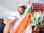 Leader of Opposition in Lok Sabha and Congress leader Rahul Gandhi holding Tiranga during Voter Adhikar Yatra at Nawada, Bihar, India, Tuesday,19, 2025.
