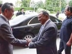 National Security Advisor Ajit Doval with China's Foreign Minister Wang Yi in New Delhi on Tuesday. (PTI)