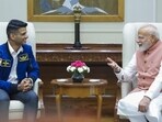 Prime Minister Narendra Modi with astronaut Shubhanshu Shukla in New Delhi on Monday. (PMO)
