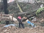 The landslide at Ramchandra Chowk in Benmore locality of Shimla town on Tuesday after heavy overnight rain. (HT Photo)