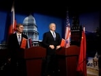Wax figures of U.S. President Donald Trump and Russian President Vladimir Putin are displayed at a wax museum of Shanghai Maiyi Arts