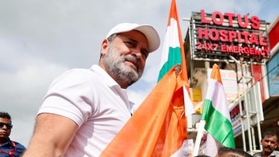 Leader of Opposition in Lok Sabha and Congress leader Rahul Gandhi holding Tiranga during Voter Adhikar Yatra at Nawada, Bihar, India, Tuesday,19, 2025. (Hindustan Times)