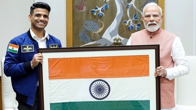 Prime Minister Narendra Modi meets Group Captain Shubhanshu Shukla, who was the pilot of Axiom-4 Space Mission to the International Space Station (ISS), in New Delhi on Monday. (DPR PMO)