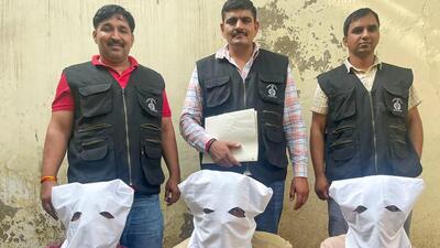 Gurugram police with the arrested three suspects on Tuesday. (HT Photo) Gurugram police with the arrested three suspects on Tuesday. (HT Photo)