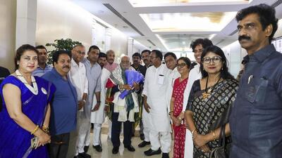 INDIA bloc's Vice-Presidential candidate former Supreme Court judge B Sudershan Reddy with MPs of Opposition parties at Delhi airport. INDIA bloc's Vice-Presidential candidate former Supreme Court judge B Sudershan Reddy with MPs of Opposition parties at Delhi airport.