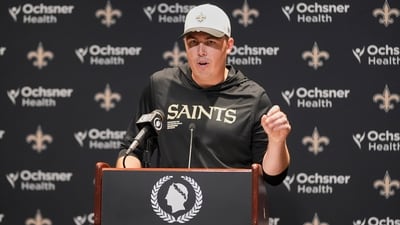New Orleans Saints head coach Kellen Moore speaks at a news conference. (AP Photo/Gerald Herbert) (AP)