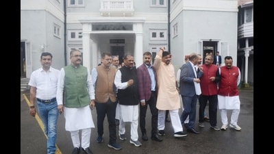 Leader of Opposition Jai Ram Thakur along with BJP legislators staged walkout from assembly during the Himachal Pradesh Vidhan Sabha monsoon session, in Shimla on Tuesday. (Deepak Sansta/ HT) Leader of Opposition Jai Ram Thakur along with BJP legislators staged walkout from assembly during the Himachal Pradesh Vidhan Sabha monsoon session, in Shimla on Tuesday. (Deepak Sansta/ HT)