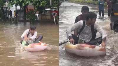An Instagram reel went viral showing an influencer rowing a boat on a flooded Mumbai road, capturing the city’s monsoon chaos. (@katariaaryann/Instagram)