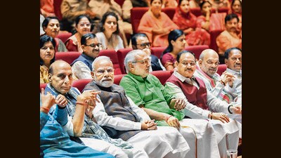 NDA leaders during the parliamentary party meeting on Tuesday. (Rahul Singh) NDA leaders during the parliamentary party meeting on Tuesday. (Rahul Singh)