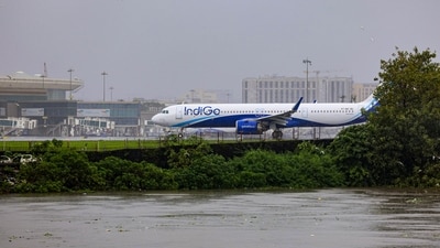 An IndiGo aircraft stationed at Chhatrapati Shivaji Maharaj International Airport amid the rising water level of the nearby Mithi River due to heavy rainfall, at Kurla, in Mumbai, Monday, Aug. 18, 2025. (PTI) An IndiGo aircraft stationed at Chhatrapati Shivaji Maharaj International Airport amid the rising water level of the nearby Mithi River due to heavy rainfall, at Kurla, in Mumbai, Monday, Aug. 18, 2025. (PTI)