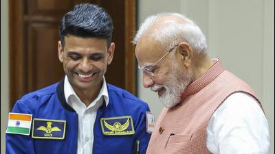 Prime Minister Narendra Modi during a meeting with astronaut Shubhanshu Shukla, at his residence in New Delhi, on Monday. (PMO) Prime Minister Narendra Modi during a meeting with astronaut Shubhanshu Shukla, at his residence in New Delhi, on Monday. (PMO)