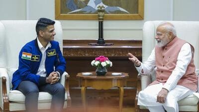 Prime Minister Narendra Modi with astronaut Shubhanshu Shukla in New Delhi on Monday. (PMO) Prime Minister Narendra Modi with astronaut Shubhanshu Shukla in New Delhi on Monday. (PMO)