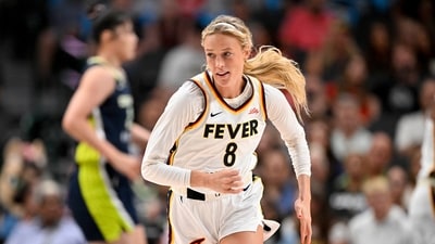Indiana Fever guard Sophie Cunningham (8) runs back up the court during the second half against the Dallas Wings (IMAGN IMAGES via Reuters Connect)
