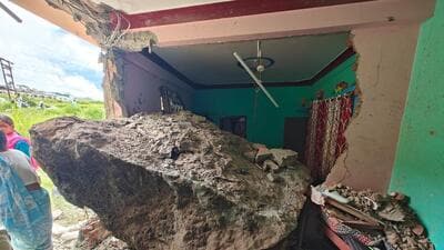 The house in Pithoragarh’s Dewat Purchaura village which was hit by boulder