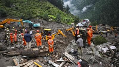 The scene of cloudburst in Jammu and Kashmir’s Chisoti. (PTI) The scene of cloudburst in Jammu and Kashmir’s Chisoti. (PTI)