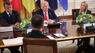 President Trump hosts a meeting with European leaders at the White House on Monday. President Trump hosts a meeting with European leaders at the White House on Monday.