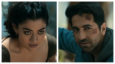 Rashmika Mandanna, Ayushmann Khurrana in stills from Thama teaser. Rashmika Mandanna, Ayushmann Khurrana in stills from Thama teaser.