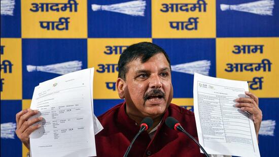 AAP leader and Rajya Sabha MP Sanjay Singh during a press conference at the party office in New Delhi on Tuesday. (ANI)