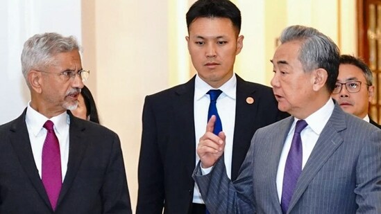 External affairs minister S Jaishankar with Chinese foreign minister Wang Yi during a meeting in New Delhi. (@DrSJaishankar/X)