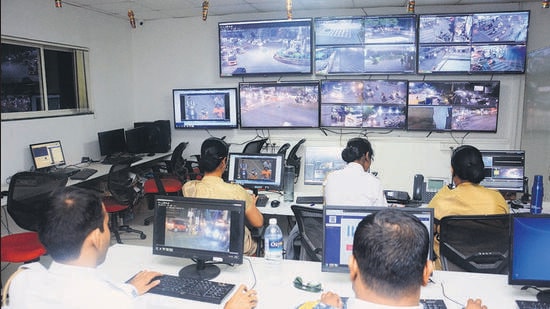 Pune, India - June 19, 2019A view of control room, as the traffic police check the CCTV cameras in Pune, India, on Wednesday, June 19, 2019. (Photo by Shankar Narayan/HT PHOTO)