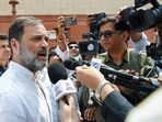 Lok Sabha LoP and Congress MP Rahul Gandhi interacts with the media at parliament during the monsoon session. Lok Sabha LoP and Congress MP Rahul Gandhi interacts with the media at parliament during the monsoon session.