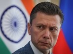 Roman Babushkin, charge d'affaires at the Russian embassy in India, listens to a question during a press conference in New Delhi, on August 20, 2025.