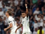 Real Madrid's Kylian Mbappe celebrates scoring their first goal