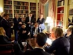 Ukrainian President Volodymyr Zelenskiy speaks with French President Emmanuel Macron, German Chancellor Friedrich Merz, Britain's Prime Minister Keir Starmer, European Commission's President Ursula von der Leyen, Italian Prime Minister Georgia Meloni, Finland's President Alexander Stubb and NATO's Secretary General Mark Rutte, at the White House Library, in Washington, D.C., 
