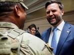 VP JD Vance greets a member of the National Guard, at Union Station in Washington, D.C.