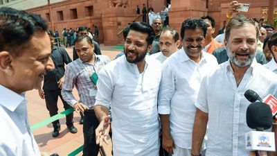While speaking with reporters outside the Parliament, Rahul greeted Rudy and shook hands with the BJP MP. (Rahul Singh) While speaking with reporters outside the Parliament, Rahul greeted Rudy and shook hands with the BJP MP. (Rahul Singh)