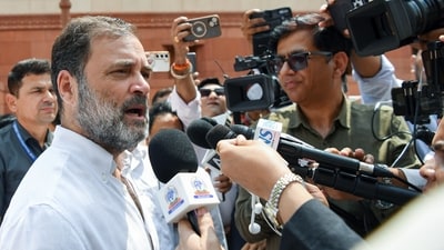 Lok Sabha LoP and Congress MP Rahul Gandhi interacts with the media at parliament during the monsoon session. (Rahul Singh) Lok Sabha LoP and Congress MP Rahul Gandhi interacts with the media at parliament during the monsoon session. (Rahul Singh)