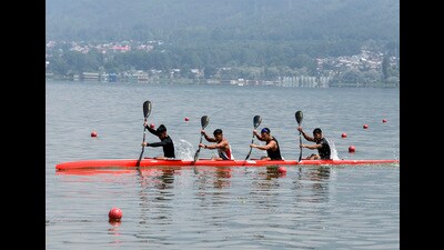 Athletes practice in Dal Lake ahead of the first-ever Khelo India Water Sports Festival, in Srinagar, on Wednesday. (ANI) Athletes practice in Dal Lake ahead of the first-ever Khelo India Water Sports Festival, in Srinagar, on Wednesday. (ANI)