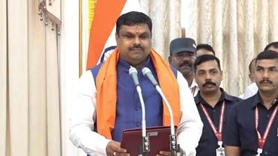 BJP MLA Gajendra Yadav took oath as minister at Raj Bhawan. (PTI video screengrab) BJP MLA Gajendra Yadav took oath as minister at Raj Bhawan. (PTI video screengrab)