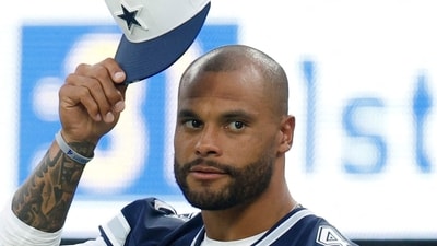Dak Prescott of the Dallas Cowboys reacts on the sidelines during the NFL Preseason 2025 game between Dallas Cowboys and Los Angeles Rams. (Getty Images via AFP) Dak Prescott of the Dallas Cowboys reacts on the sidelines during the NFL Preseason 2025 game between Dallas Cowboys and Los Angeles Rams. (Getty Images via AFP)