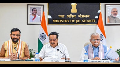 Haryana chief minister Nayab Singh Saini and Union power minister Manohar Lal Khattar, during a meeting chaired by Union Jal Shakti minister CR Patil in New Delhi on Wednesday. (ANI) Haryana chief minister Nayab Singh Saini and Union power minister Manohar Lal Khattar, during a meeting chaired by Union Jal Shakti minister CR Patil in New Delhi on Wednesday. (ANI)