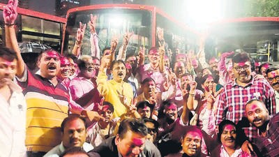 Members of BEST Workers Union celebrated with union leader Shashank Rao outside the counting centre at 4am on Wednesday. Members of BEST Workers Union celebrated with union leader Shashank Rao outside the counting centre at 4am on Wednesday.