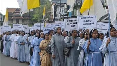 Nuns stage a protest in Kochi demanding the release of two Kerala nuns arrested in Chhattisgarh over allegations of human trafficking and forced religious conversion, on July 29. (File Photo) Nuns stage a protest in Kochi demanding the release of two Kerala nuns arrested in Chhattisgarh over allegations of human trafficking and forced religious conversion, on July 29. (File Photo)
