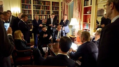 Ukrainian President Volodymyr Zelenskiy speaks with French President Emmanuel Macron, German Chancellor Friedrich Merz, Britain's Prime Minister Keir Starmer, European Commission's President Ursula von der Leyen, Italian Prime Minister Georgia Meloni, Finland's President Alexander Stubb and NATO's Secretary General Mark Rutte, at the White House Library, in Washington, D.C., (via REUTERS)