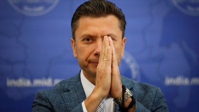 Roman Babushkin, charge d'affaires at the Russian embassy in India, gestures during a press conference in New Delhi, on August 20, 2025. (REUTERS)