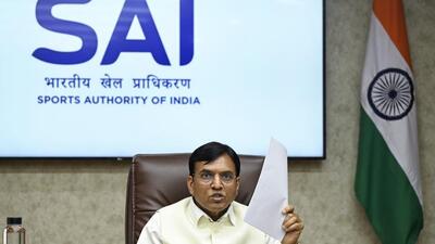 Union Minister of Youth Affairs and Sports Mansukh Mandaviya addresses a press conference at the Sports Authority of India (SAI). (Vipin Kumar) Union Minister of Youth Affairs and Sports Mansukh Mandaviya addresses a press conference at the Sports Authority of India (SAI). (Vipin Kumar)