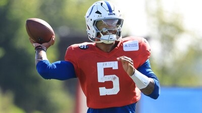 Anthony Richardson #5 of the Indianapolis Colts throws a pass during the Indianapolis Colts Training Camp (Getty Images via AFP) Anthony Richardson #5 of the Indianapolis Colts throws a pass during the Indianapolis Colts Training Camp (Getty Images via AFP)