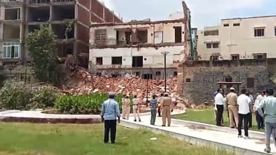The cause of the collapse of the three-storey building is not yet know. Rescue efforts are underway. (Screengrab/X/@PTI_News)