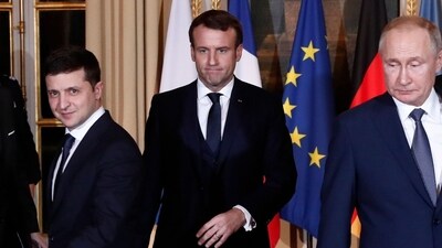 The first and only time Russian President Vladimir Putin, right, met with Ukrainian President Volodymyr Zelensky, left, was in Paris in 2019. The first and only time Russian President Vladimir Putin, right, met with Ukrainian President Volodymyr Zelensky, left, was in Paris in 2019.